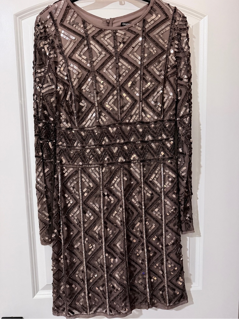 Gianni Bini Taupe Beaded Long-Sleeve Fit & Flare Dress